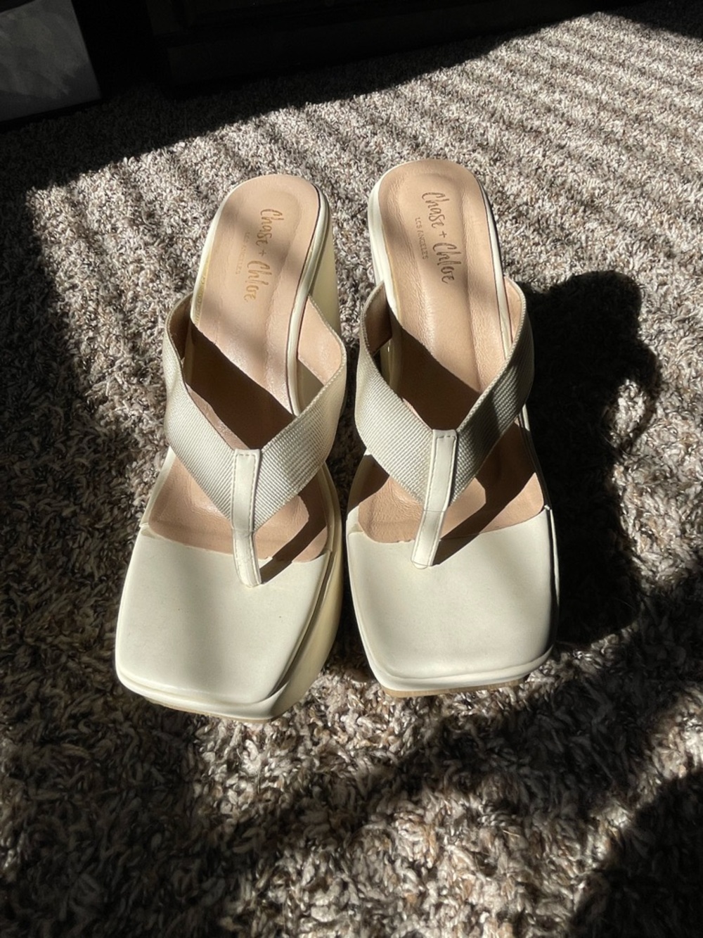 Chase + Chloe Ivory Square-Toe Thong Platform Sandals